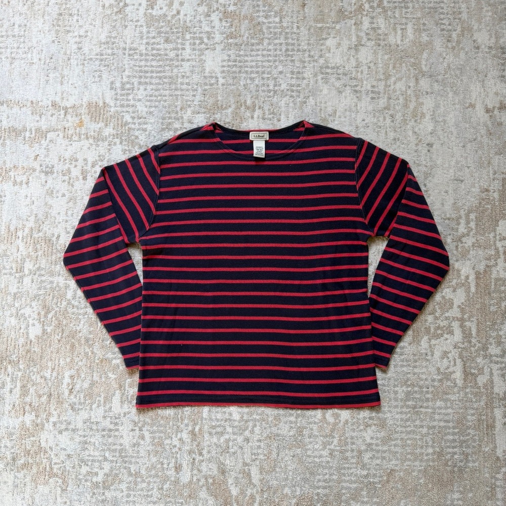 L.L. Bean 2000s Classic Navy and Red Striped Ribbed Knit Long Sleeve Cotton Top